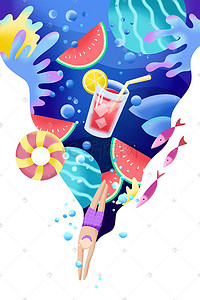 夏季游泳图插画图片_蓝色系手绘风夏景游泳配图