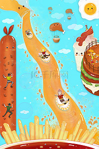 烤香肠烤香肠插画图片_蓝色系童话风童趣美食薯条汉堡冰淇淋饮料