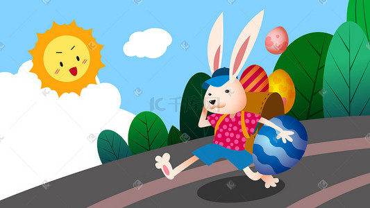 节日复活节插画图片_扁平风复活节兔子金蛋配图