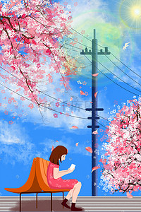 樱花飘花瓣插画图片_晴空下飘絮的樱花和享受的少女