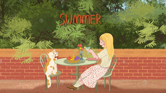 夏日聚会海报插画图片_夏日绿色阔叶灌木丛女生和猫的聚会配图