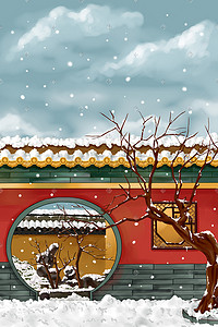 欧式婚礼拱门插画图片_冬天红墙拱门雪景