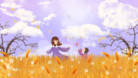 秋天女孩在稻田蝴蝶配图天空蓝天云背景