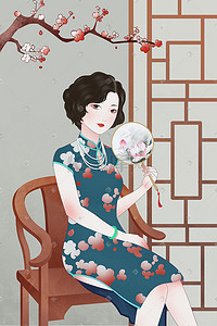 创意妇女节插画图片_38妇女节民国女人妩媚女人美女创意民国纸扇