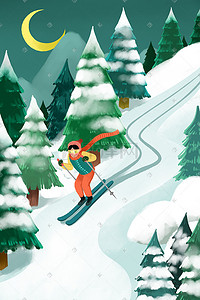 滑雪图插画图片_卡通手绘风冬景配图