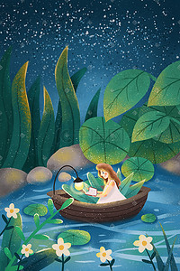 噴水池筆刷插画图片_小暑夜晚在水池中看书的女孩小清新插画