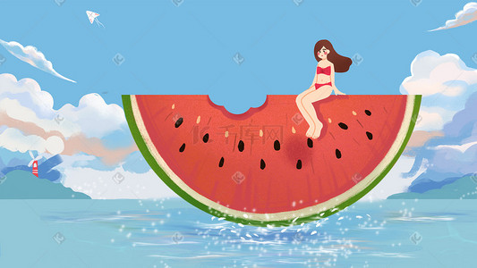 女孩海滩插画图片_夏天海滩西瓜泳衣女孩小清新手绘风格