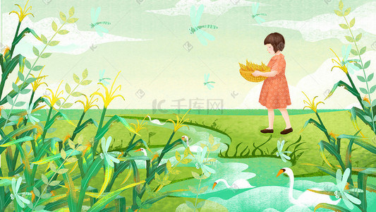 玉米的地插画图片_小满芒种六月你好绿色女孩玉米