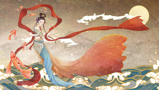 神话美女插画图片_手绘古风国潮描金仙女国潮