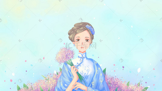 花卉人插画图片_蓝色唯美卡通治愈旗袍少女创意民国风配图