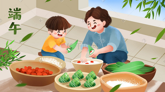 给小孩喂饭的奶奶插画图片_端午节和奶奶一起包粽子端午