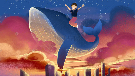 月亮卡通插画图片_红色系卡通手绘风夏景小暑傍晚夕阳鲸鱼配图