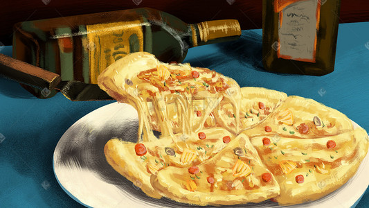 披萨聚会插画图片_美食插画披萨肌理写实插画