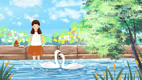 夏天女孩在公园湖边看天鹅小清新