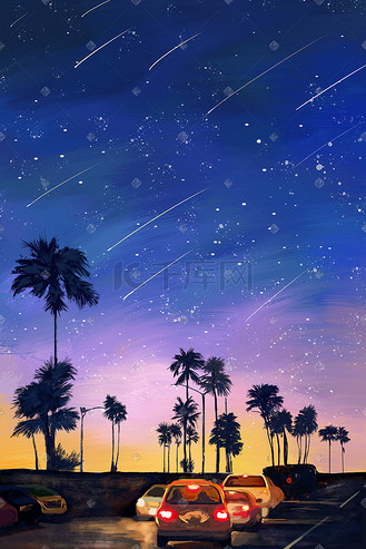 夏夜风景原创插画