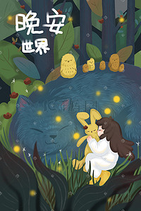 手绘夏夜插画图片_夏夜夜晚树林晚安温馨清新少女手绘风格插画