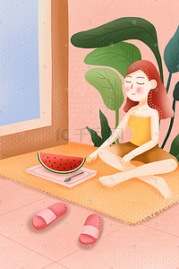 吃的小女孩插画图片_大暑节气吃西瓜的小女孩
