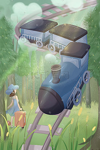 火车旅行插画图片_绿色出行方式森林女孩火车旅行清新