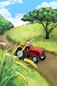 农业流水线插画图片_小满稻谷路边上的红色农业拖拉机