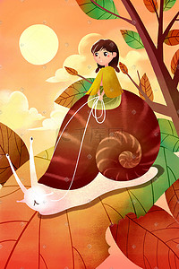 卡通黄树叶插画图片_黄色系卡通手绘风立秋节气蜗牛配图