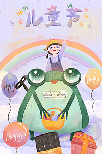 青蛙绿色插画图片_儿童节紫色系卡通可爱小女孩与青蛙玩具六一