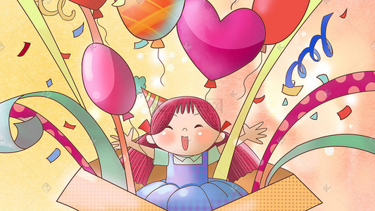 气球生日气球插画图片_卡通手绘风生日气球女孩配图