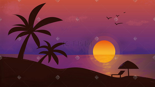 棕榈树插画图片_扁平风夏日海滩棕榈树落日配图