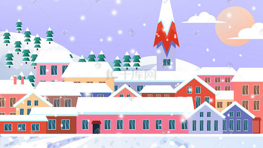 综艺脚印插画图片_扁平冬天冬季大雪小雪下雪城市建筑