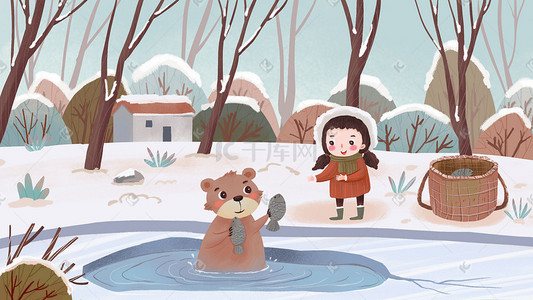 冬天素描插画图片_冬天主题之熊与女孩治愈系