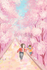 雪中前行插画图片_樱花节母亲牵着孩子的手在樱花树下前行
