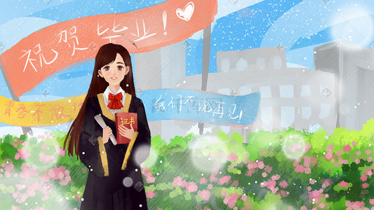 花边标语插画图片_穿学士服在蔷薇花边拍照的女孩高考