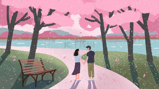 粉色扁平风公园赏花情侣