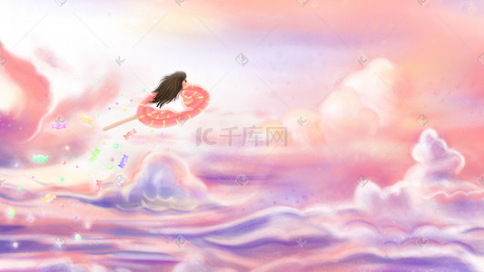 棒棒糖线描插画图片_夏季夏天天空云彩女孩棒棒糖飞翔