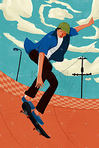 滑板插画图片_五四青年节滑板帅哥