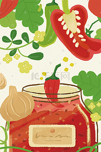 超市蔬菜区插画图片_秋天粮食辣椒蔬菜丰收美食果酱食物