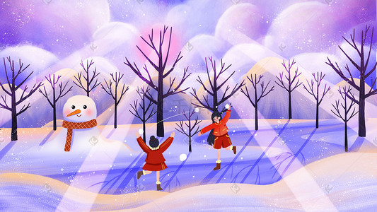 冬至冬天冬季小女孩打雪仗