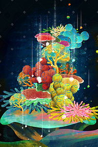 珊瑚海洋插画图片_夏天五彩大海海洋海底海珊瑚插画背景
