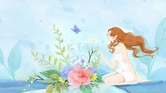 淡蓝色碎花插画图片_温暖水彩风治愈系女孩与花