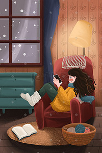 冬季温暖插画图片_唯美治愈系冬季下雪温暖女孩儿卧室背景