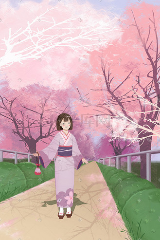 樱花节樱花赏花春日春游少女卡通插画