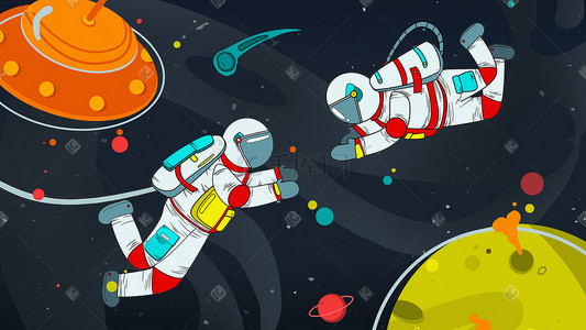 太空漫步宇航员插画图片_扁平风宇宙空间站航空员太空漫步横