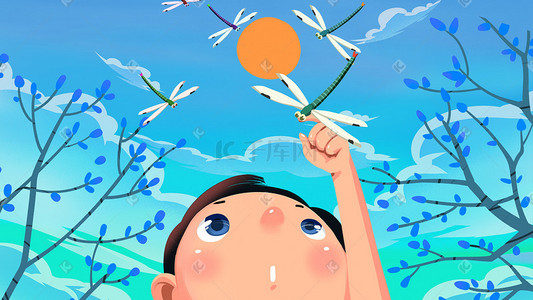 蜻蜓卡通插画图片_蓝色系卡通手绘风夏景蜻蜓配图