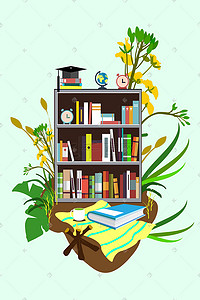 火堆特效插画图片_扁平风书籍书架植物