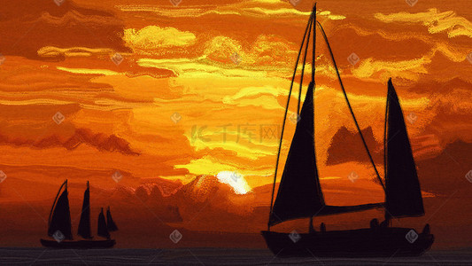 帆船地图插画图片_夕阳西下海与帆船