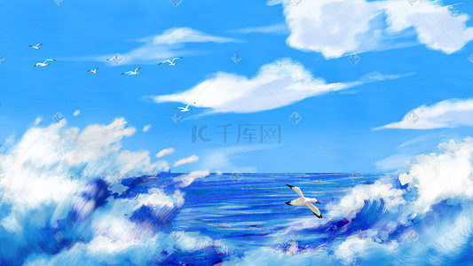 海浪海浪背景插画图片_油画风景油画背景浪花海天一色唯美插画