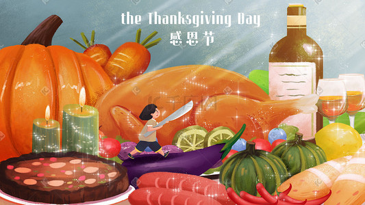 其他功能插画图片_感恩节主题之火鸡以及其他食物场景
