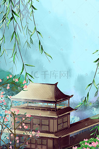 桥插画图片_中国风古风场景阁楼廊桥园林夏季山水风景