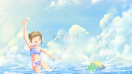 女孩泳装插画图片_蓝色唯美卡通小清新夏季夏天夏玩耍海边配图