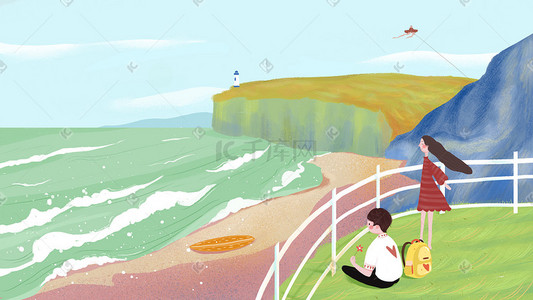 情侣沙滩插画图片_一起旅行去看海的情侣