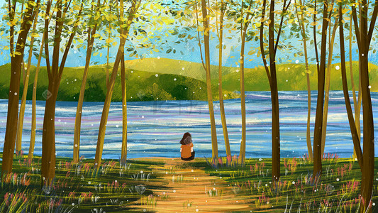 夏天森林河边树草地油画纹理风景背景